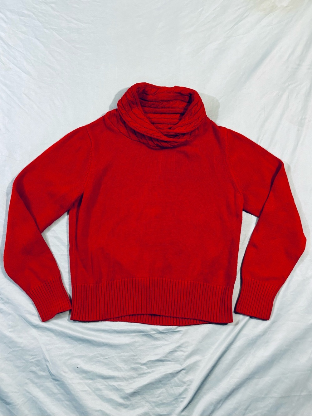 Jeanne Pierre Red Cable Knit Cowl Neck Sweater Size L 100 Cotton Chunky Pullov